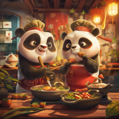 Image of twin pandas cooking