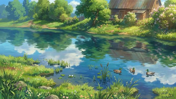 "How to Survive as the Demon Lord's Child" Episode 1 — A peaceful lakeside village scene