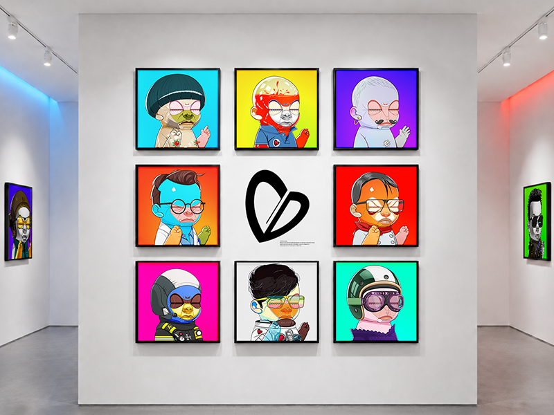 An exhibition-style presentation of GONU CARITAS character artworks, showcasing its distinctive visual identity and diversity.