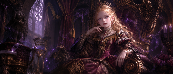 An image symbolizing the nobility and extraordinary destiny of young Crown Princess Marianne. The golden-haired princess stands out with striking presence in a dark and mystical imperial court, visually capturing the worldbuilding of this fantasy romance and the charm of its heroine.