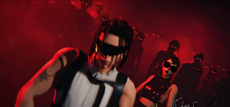 This is an ending scene from the BRAZY: VENOM MOON music video, featuring OCEAN and DANTÉ together. The red lighting and powerful silhouettes express the moment when the two characters enter a new universe, showing how the BRAZY IP expands beyond music into animation and cinematic storytelling.