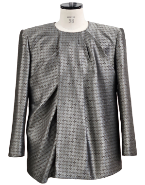 Angled shoulder jacket with asymmetrical pleated details