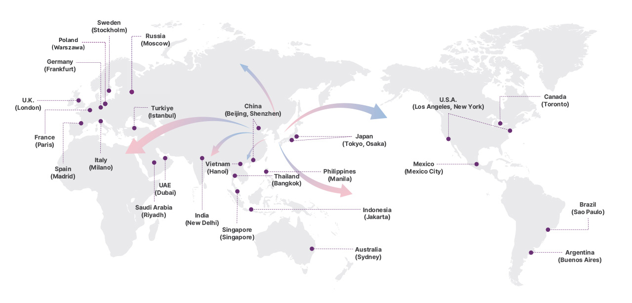 Business Centers(26 Branches) : U.S.A.(Los Angeles, New York), China(Beijing, Shenzhen), Japan(Tokyo, Osaka), France(Paris), Indonesia(Jakarta), Vietnam(Hanoi), UAE(Dubai), Thailand(Bangkok), Germany(Frankfurt), U.K.(London), Mexico(Mexico City), India(New Delhi), Canada(Toronto), Brazil(Sao Paulo), Argentina(Buenos Aires), Spain(Madrid), Italy(Milano), Sweden(Stockholm), Turkiye(Istanbul), Australia(Sydney), Singapore(Singapore),  Philippines(Manila), Saudi Arabia(Riyadh), Russia(Moscow), Poland(Warszawa)